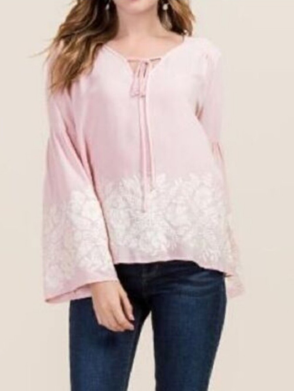 Blue Rain Women’s Light Pink Tie-Neck Rayon Embroidered Blouse Small XS